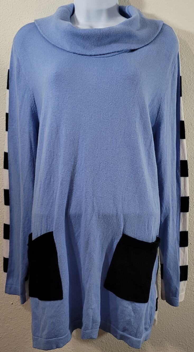 Chico's Zenergy Blue Black White Striped Cowl Neck Sweater 3 XL Lightweight Soft